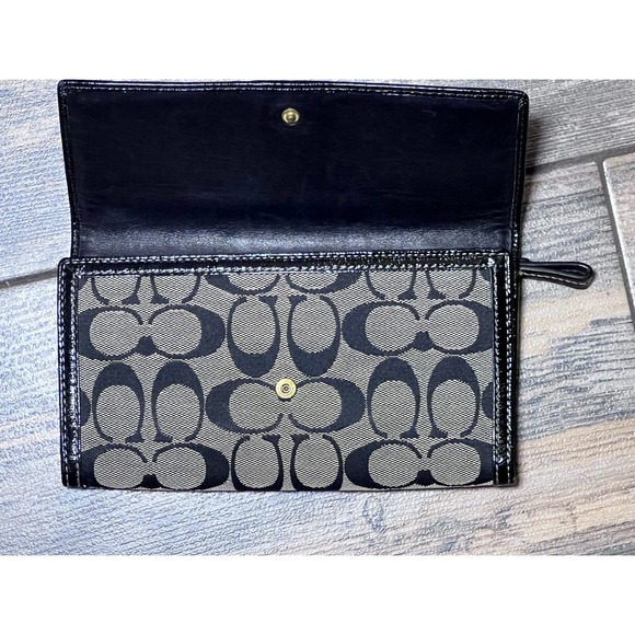 Coach Signature C Jacquard Trifold Wallet Grey Black Patent Leather Trim Large - Picture 4 of 10